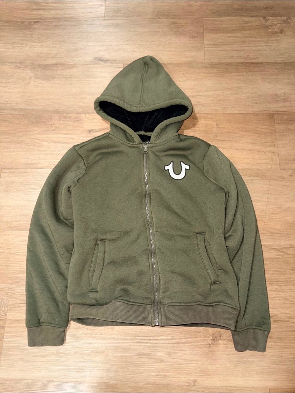 True Religion Black Sherpa Hoodie with Olive Trim